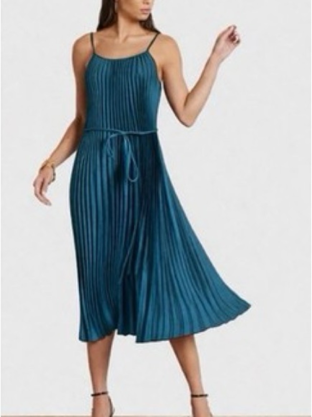 Sam Edelman Teal Pleated Midi Slip Dress with Thin Straps